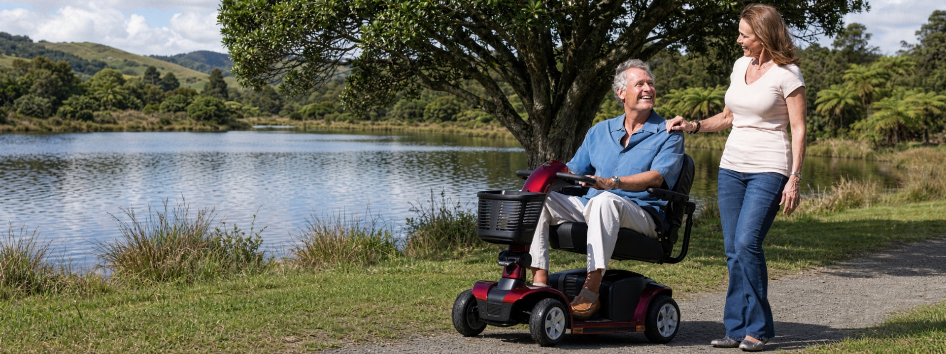 A man on a red mobility scooter beside a companion in a lakeside park